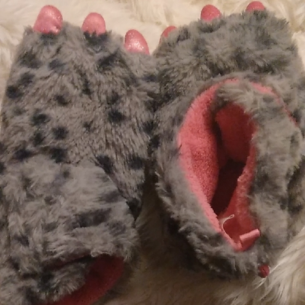 Gray and Pink Furry Monster Paw Slippers for Kids